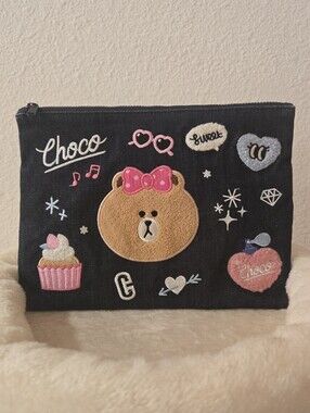 Line Friends Patch Embroidered Cosmetic Pouch - Pink Accents